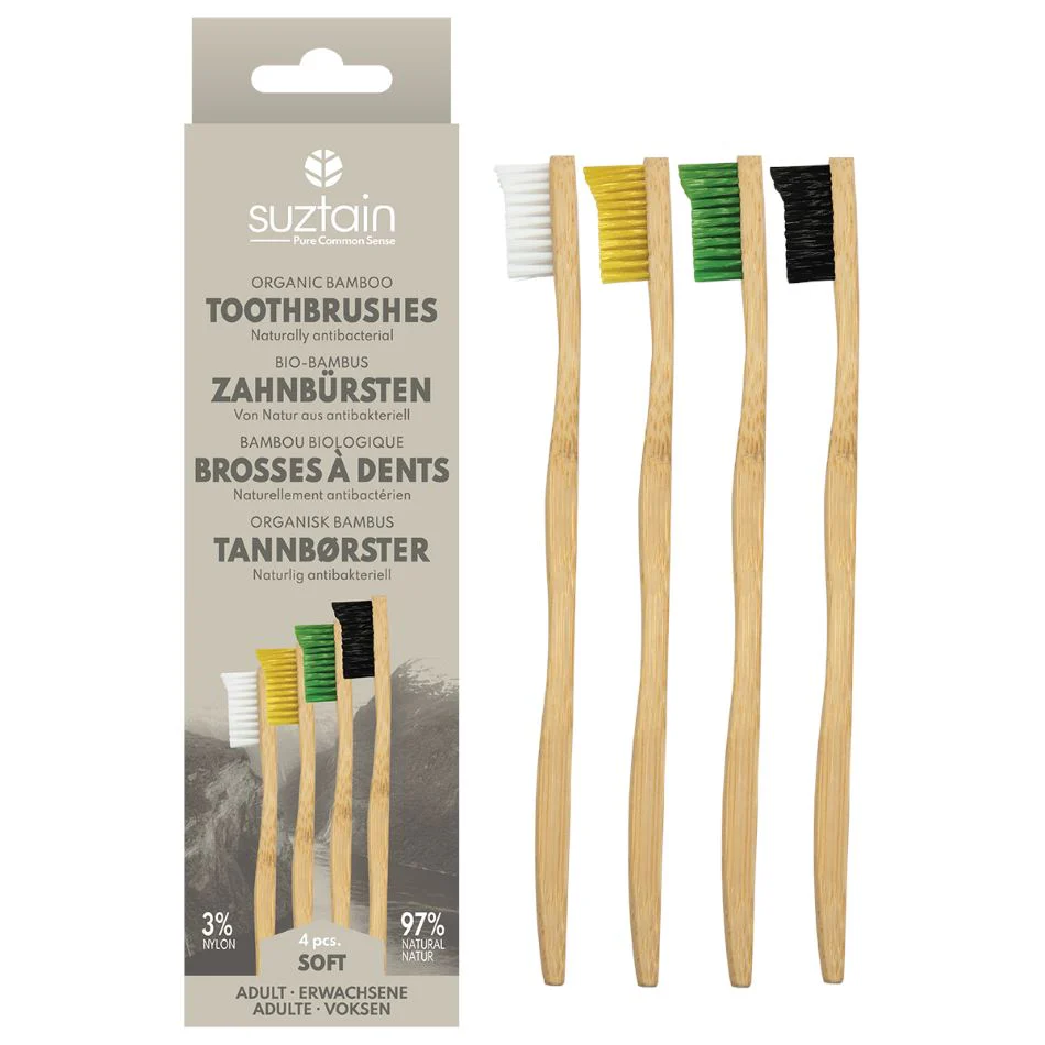 Suztain Bambu Tandborste Vuxen, Soft - blandade färger - 4 pk - Bild 2